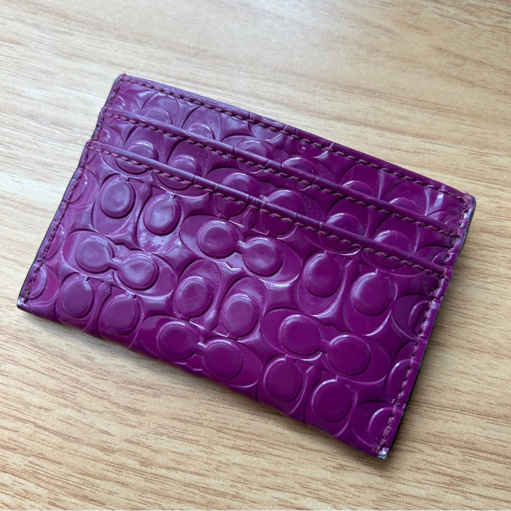 Signature embossed card wallet small purple plum fushia